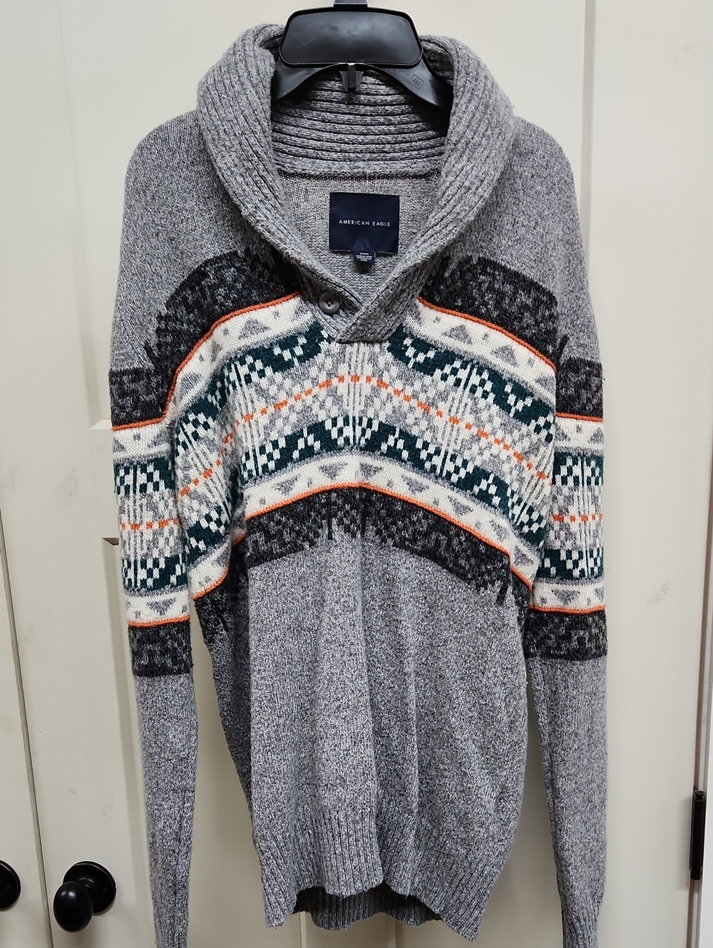 American Eagle Outfitters Gray Turtleneck Shawl Sweater with Fair Isle Accent